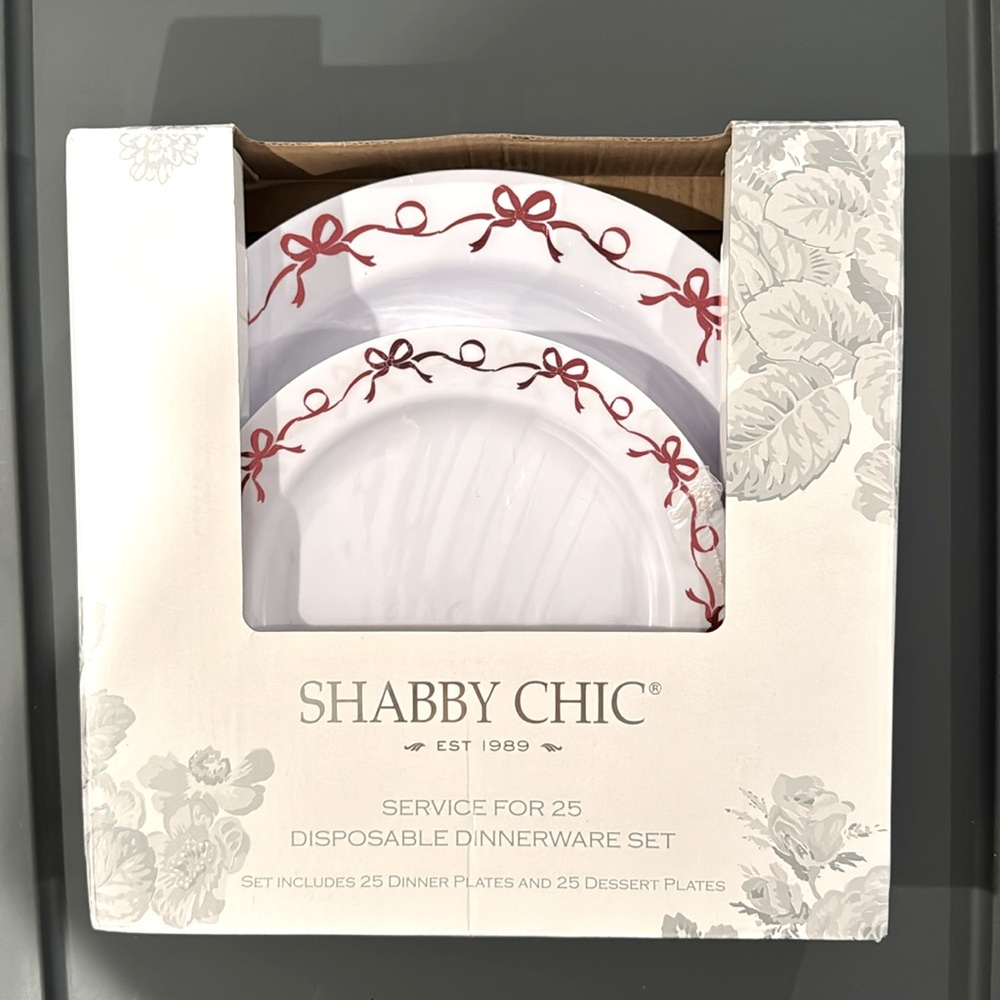 NEW Shabby Chic White Red Coquette Bows Dinner & Salad Plates 50 Piece Set